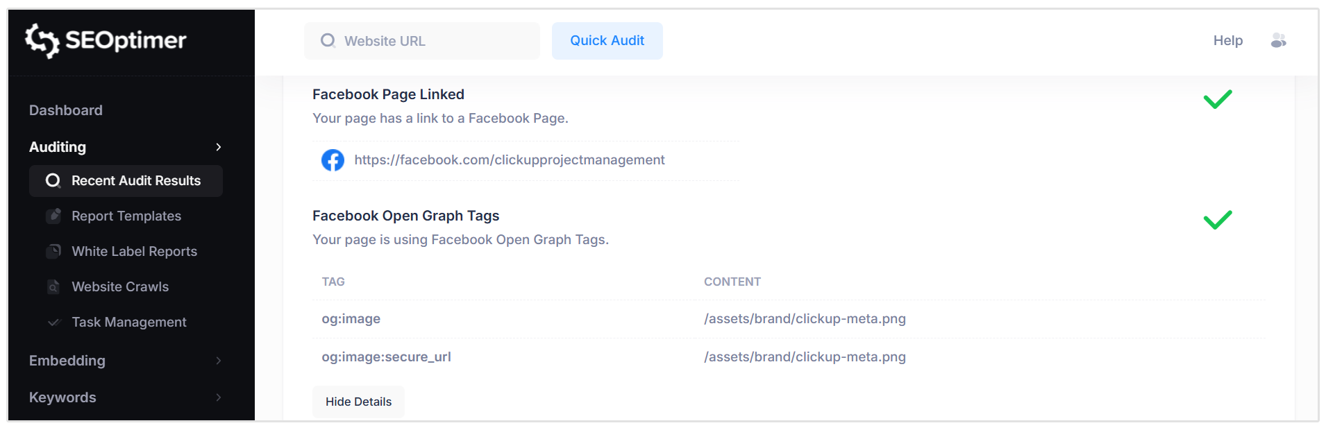 Facebookページがリンクされ、OGタグ